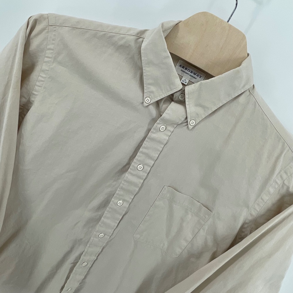 Arborway Mens Pinpoint Oxford Shirt Beige 100% Cotton Button Down 17 34/35